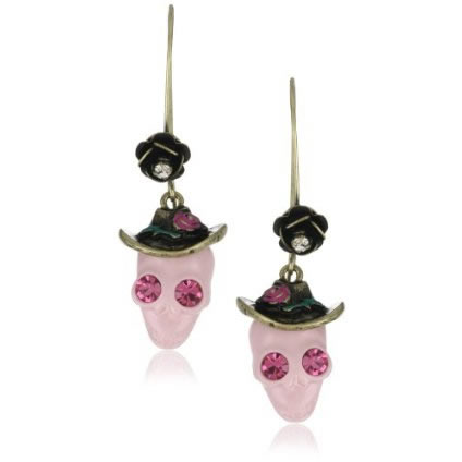Betsey Johnson Lady Luck Pink Skull Drop Earrings