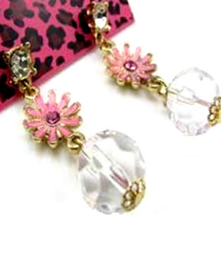 Betsey Johnson Pink Daisy Dangle Crystal Earrings 