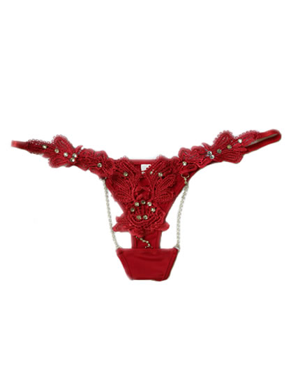 Sexy Red Lace Crystal Thong