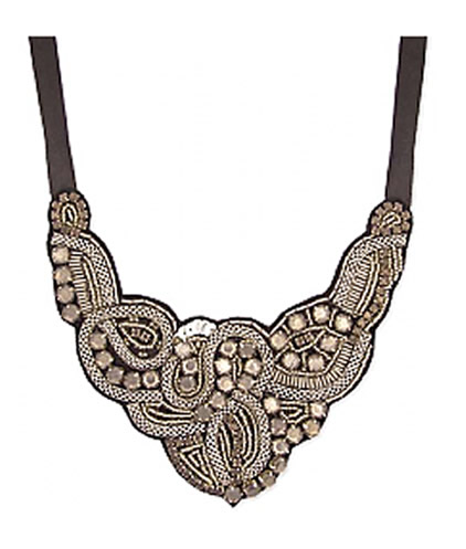 ZAD Silver Metal Smokey Rhinestone Fabric Bib Necklace