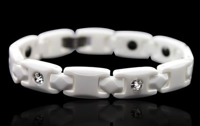 White Ceramic Magnetic Health Bracelet  w/CZ Stones