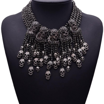 Statement Chain Crystal Skull Tassel Choker Necklace