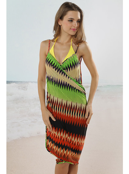 Trendy Geometric Green Open Back Beach Cover-Up Dress