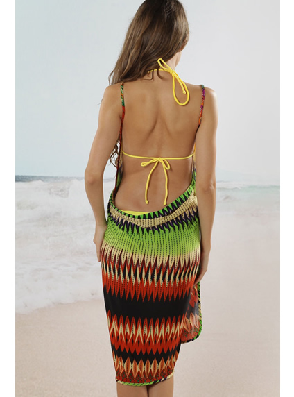 Trendy Geometric Green Open Back Beach Cover-Up Dress