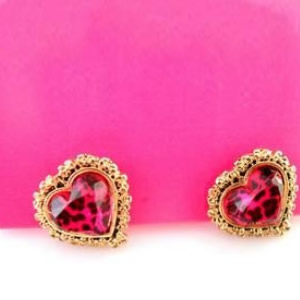 Pink Leopard Heart Stud Earrings