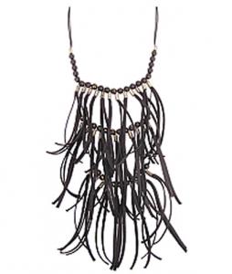ZAD 3 Tier Black Linen Strip Fringe Necklace