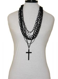 Chucky Long Black Multi-Chain Cross Necklace